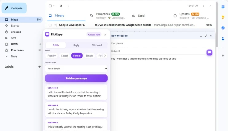 The FlickReply extension open beside a Gmail compose window, showing the Polish tab with three rewritten versions of a message.
