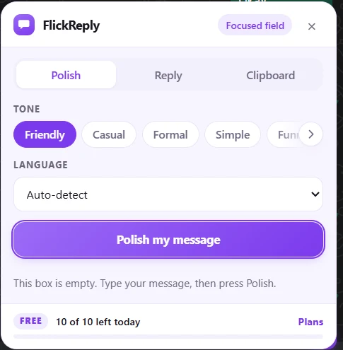 The FlickReply panel with Polish, Reply and Clipboard tabs, a row of tone presets and a language selector.